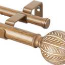 KAMANINA 1 Inch Wood Double Curtain Rods for Windows 72 to 144 Inches (6-12 Feet), Heavy Duty Decorative Drapery Rods 66 to 120 inch, Wood Grain Leaf Pattern Finials