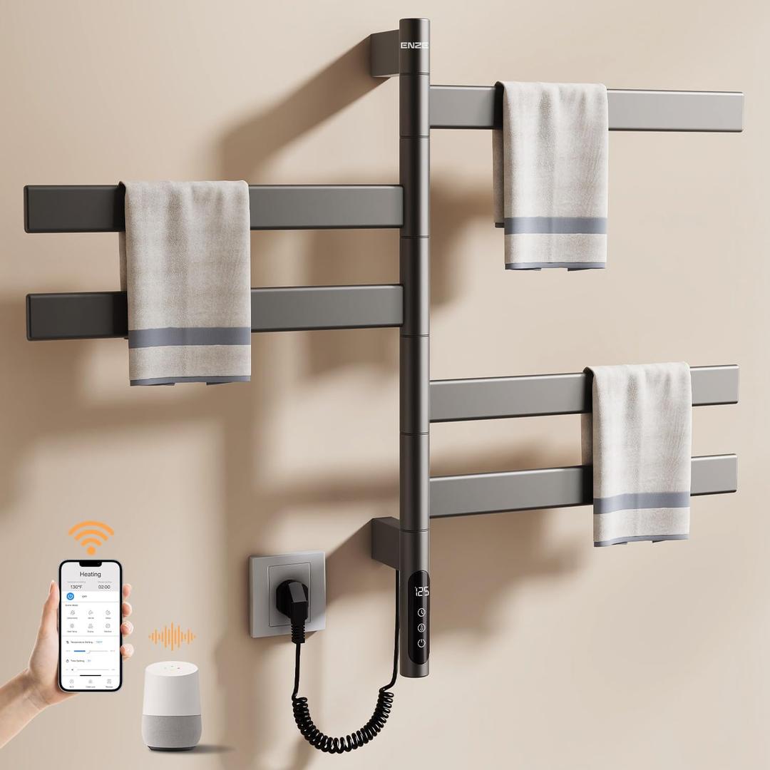 ENZE Smart Rotating Heated Towel Rack for Bathroom, 5-Bar Wall-Mounted Electric Towel Warmer with Swivel Bars, Wi-Fi App Control, 24H Timer, Stainless Steel, IPX5, Hardwired/Plug-in, Gray, Black 17.72"x26.77"