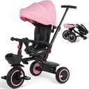 Toddler Tricycle with Push Handle for 7 Months-5 Years, Baby Tricycle with Rotatable Seat, 8 In 1 Kids Trike with Safety Harness, Canopy, Double Brakes, Toddler Push Bike Birthday Gifts for Baby, Pink