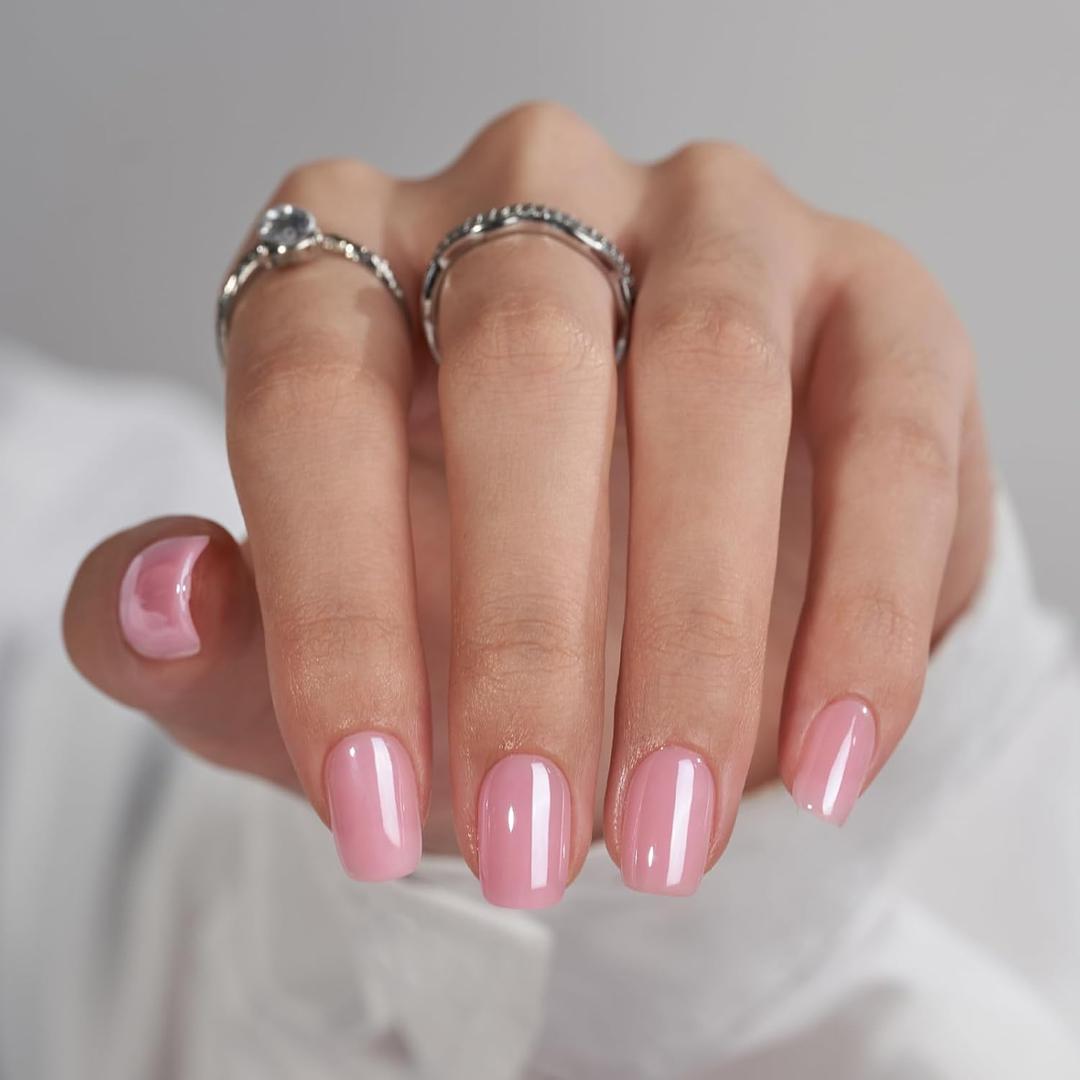 BTArtbox Press On Nails Short - Square Press On Nail, Pink Chrome Nail Tips Glue On Nails with Nail Glue, Reusable Stick On Nails in 16 Sizes - 32 Soft Gel Fake Nails Kit, Lotus Glazed