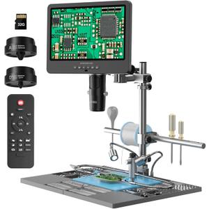 Andonstar AD249S-M Plus 10.1'' HDMI Soldering Digital Microscope for Electronics Repair, 2000x 3 Lens 2160P UHD Video Record, Soldering Microscope Station with Helping Hands, Slides, 32GB Card