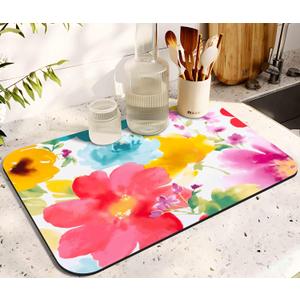 Dish Drying Mat for Kitchen Counter 20x12in Washable Quick Dish Drying Pad Rubber Backed Absorbent Draining Mat Fit Kitchen Counter,Bar,Under Sink,Dishes,Utensils,Dish Rack (Watercolor flower)