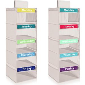 2 Pack Weekly Clothes Organizer for Kids Shelf Hanging Closet Organizer Dividers Collapsible Hanging Closet Dorm Bedroom Essential for Clothes Sweater Baseball Hat(Beige)