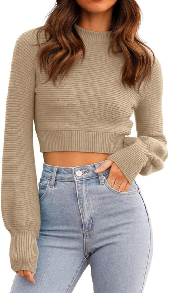 GeGekoko Womens Sexy Crew Neck Cropped Sweaters Ribbed Knit Long Sleeve Crop Tops Pullover (Medium, Khaki)