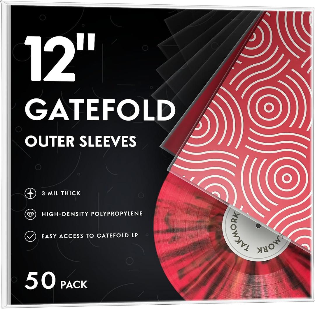 TAKMORK Gatefold Record Albums Outer Sleeves: Plastic Record Sleeves for 12-inch Vinyl Storage 3 Mil Thick Clear Album Cover Protectors, 50pcs