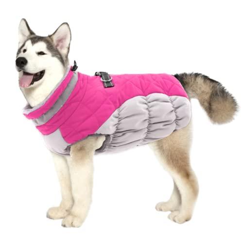 Lelepet Dog Coat Warm Dog Winter Coat Waterproof Dogs Jacket with Harness Built in Reflective Pet Fleece Vest Zip-Up Cold Weather Coats for Dogs Turtleneck & Windproof Coats Pitbull Rose Pink, 2XL