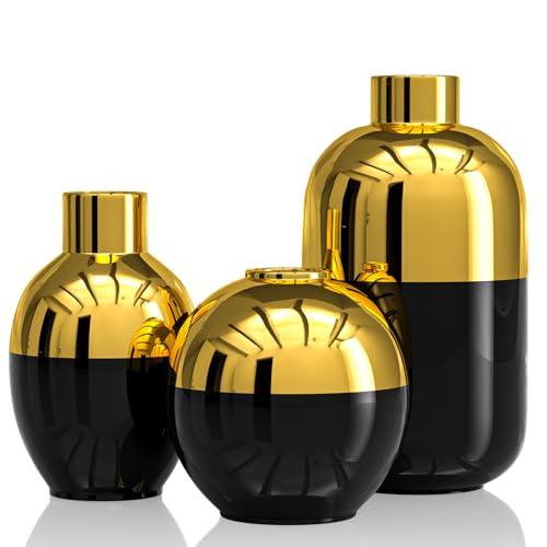 Blcka Glossy Gold Ceramic Flower Vase Set of 3,Gold Modern Round Decorative Vases for Pampas Grass Home Decor,Bedroom,Office,Living Room,Bookshelf,Wedding,Bathroom Table Centerpiece (Black)