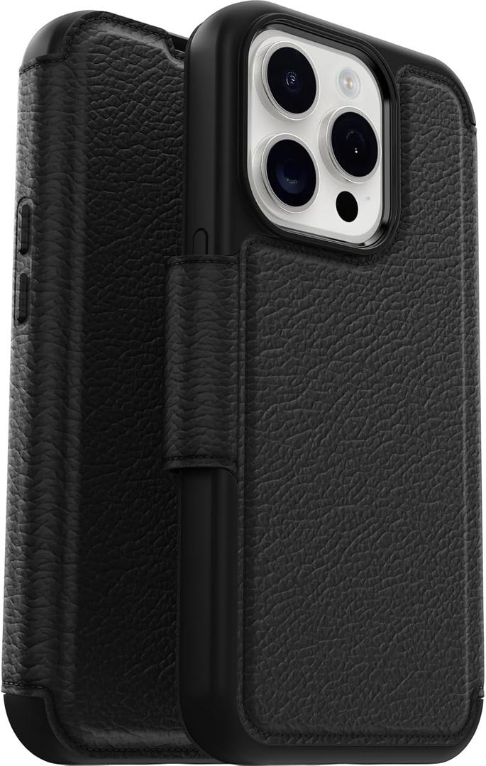 OtterBox iPhone 15 Pro (Only) Strada Folio Series Case - Shadow (Black), Card Holder, Snaps to MagSafe, Genuine Leather, Pocket-Friendly, Folio case