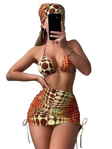 RoseSeek Women's 4 Piece Swimsuits Halter Triangle Bikini Sets Bathing Suit with Mesh Cover Up Skirt & Bandana Burnt Orange X-Large