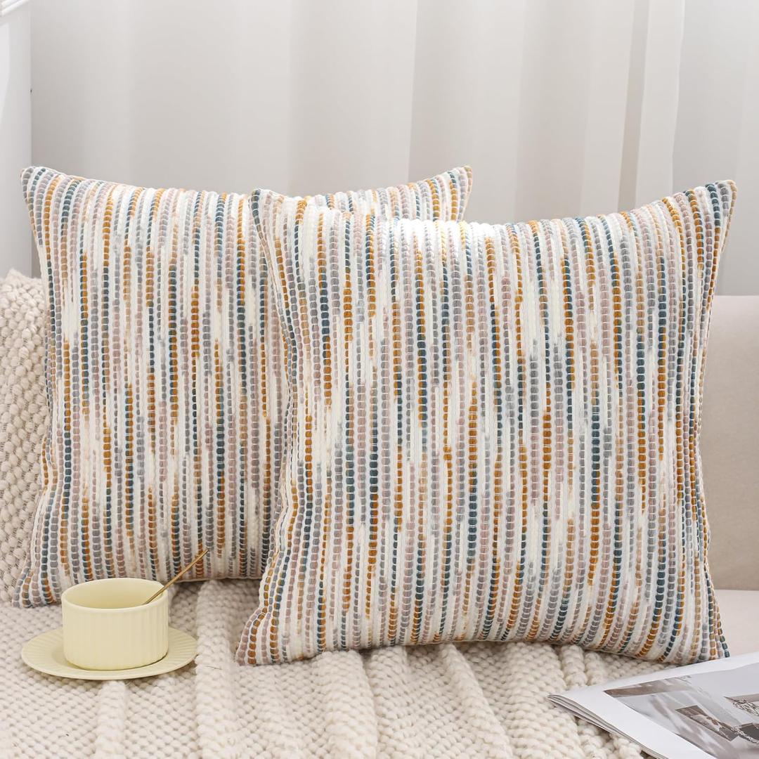 Tosleo Boho Chenille Tufted Couch Throw Pillow Covers 18x18 Inch Set of 2 Farmhouse Yellow and Blue Striped Decorative Pillow Covers Accent Neutral Square Pillowcase Textured Cushion Covers
