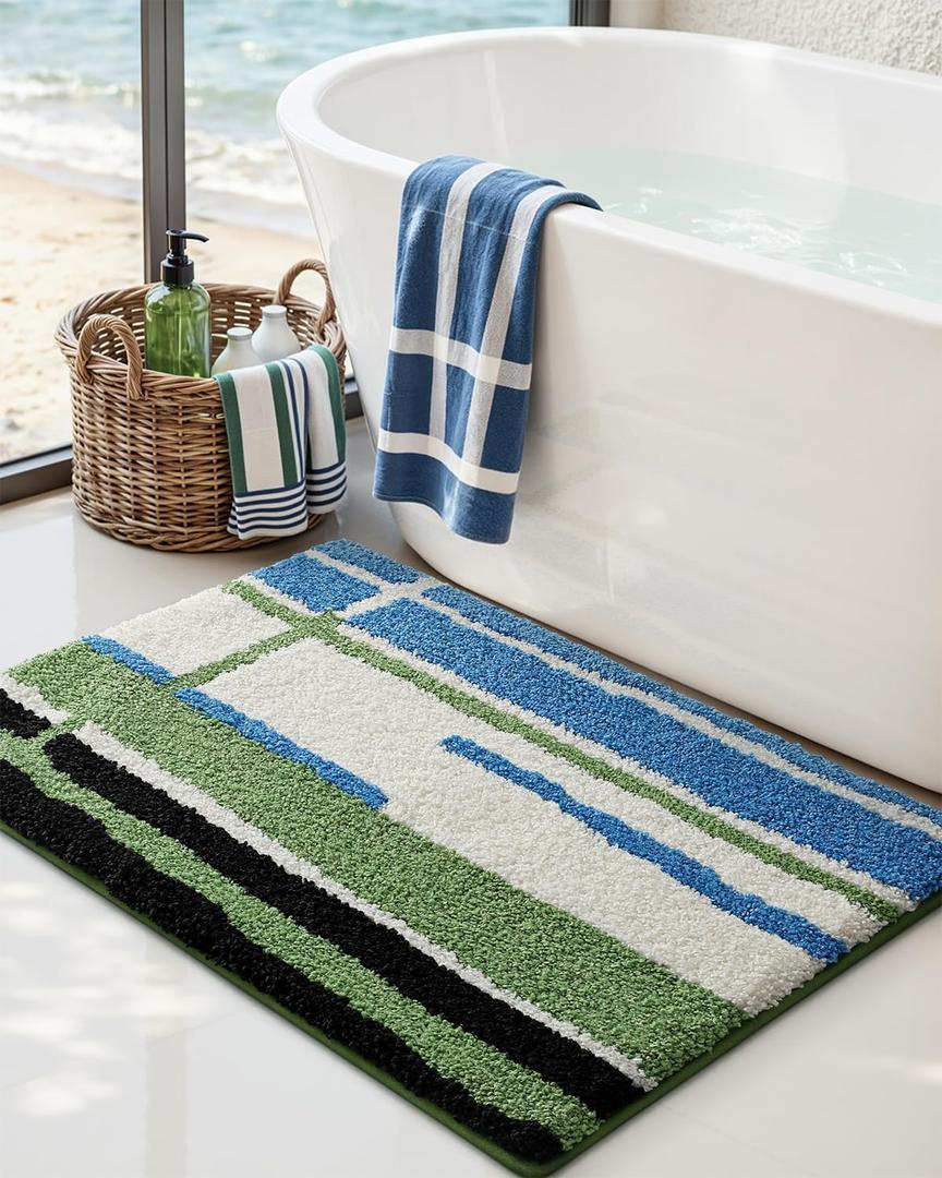DEXI Striped Bath Mats for Bathroom 43x24, Washable Absorbent Bathroom Rugs with Non Slip Backing, Extra Soft Plush Microfiber Shower Rugs for Tub, Floor, Sink, Blue and Green