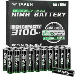 Taken Rechargeable AA Batteries 3100mWh 32-Pack NiMH High Capacity, Double A Batteries Made Using 25% Recycled Content, Recharge up to 2000x Times, Pre-Charged