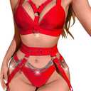 Lilosy Sexy Chain Strappy Garter Belt Women Lingerie Set Rave Outfits (Medium, Red)
