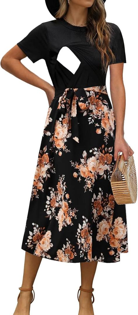 CzzzyL Women Nursing Dress Short Sleeve Floral Patchwork Ribbed Pregnancy Tie Waist Work Outfits Summer XL