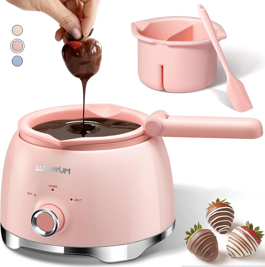 LUSHYUM Chocolate Melting Pot Candy Melts Melter with 2 Insert Pots and Spatula, 4 Cups Capacity Warmer Machine, Ideal Dipping Tool Kitchen Supplies for Making Cake Pop Covered Strawberries Fondue, Pink