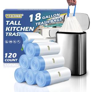 18 Gallon Trash Compactor Bags with Drawstring - 120 Count Heavy Duty 1.7 Mil Garbage Bags 68 Liter Tall Kitchen Bin Liners Unscented White for Home Yard Lawn