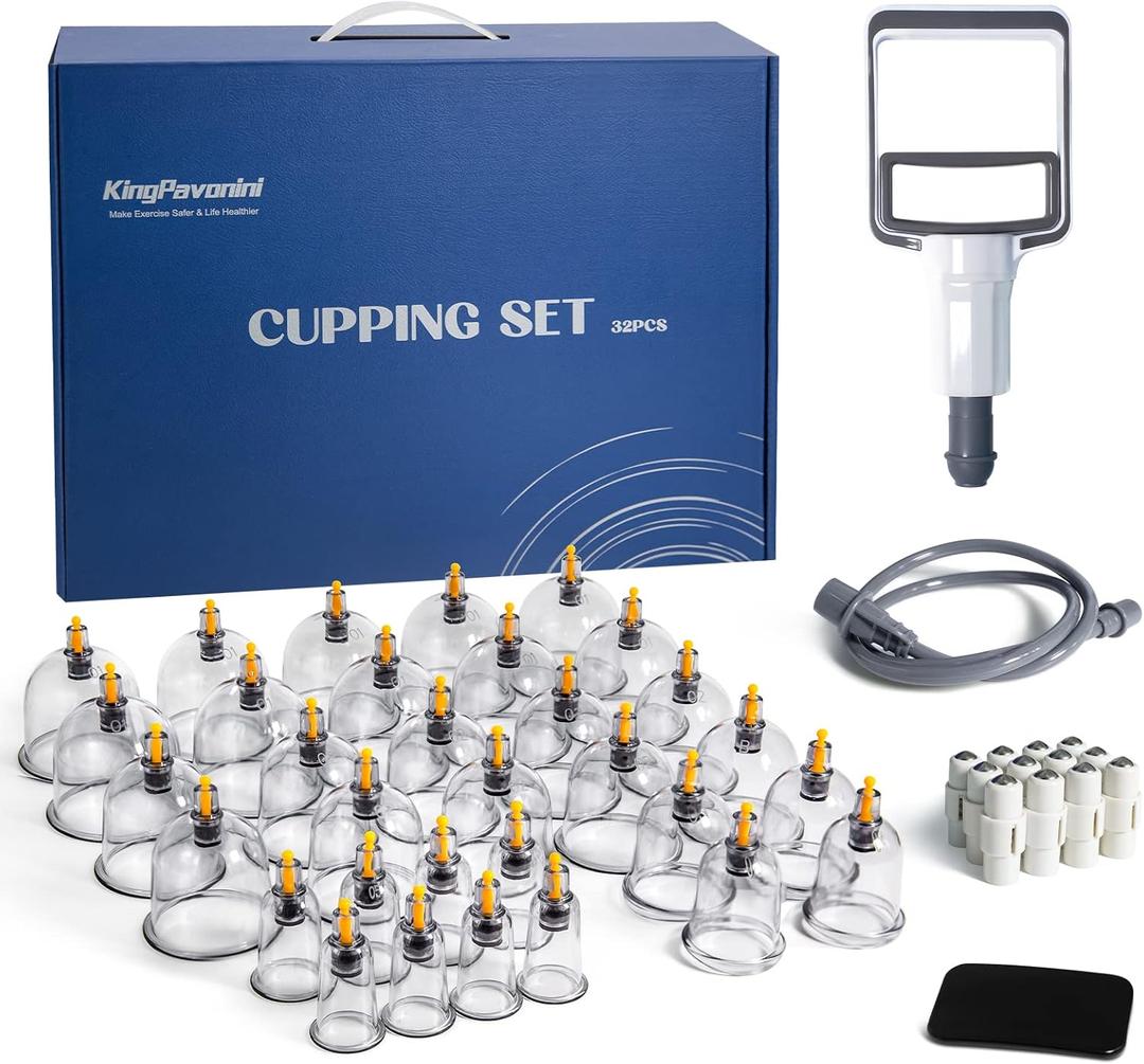 KingPavonini 32 Cups Cupping Therapy Set, Professional Chinese Cupping Set with Magnetics, Portable Vacuum Cupping for Cellulite Reduction, Pain Relief and Blood Circulation