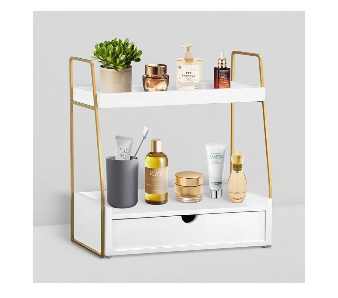 2-Tier Bathroom Organizer Countertop with Drawer, Wood Counter Organizer for Bathroom Decor, Sink Shelf for Vanity Storage, Makeup Tray for Perfume Skincare Bedroom Kitchen Corner