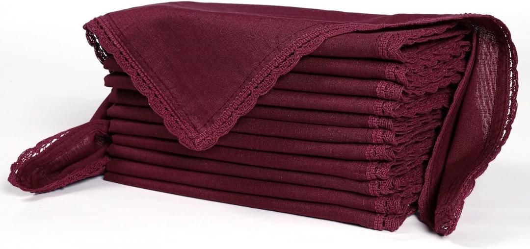 Ramanta Home Linen Flax Cloth Napkins Set of 12| 18x18 Inch | Premium Cotton Linen Flax Lace Soft & Durable | Washable Ideal for Everyday Use Parties Thanksgiving Christmas Halloween Burgundy