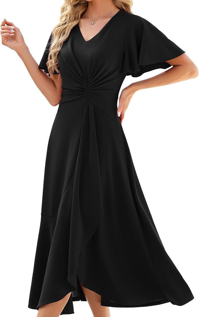 QMZ Wedding Guest Dresses for Women Have Pockets Cocktail Dress Ruffle Sleeve A Line Evening Party Formal Dresses for Women, Large