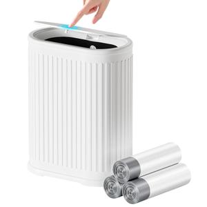 1.8 Gallon Bathroom Trash Can with Lid Press-Top, Small White Stainless Steel Garbage Can with Removable Inner Bucket, Slim Fit Narrow Spaces for Bedroom Office