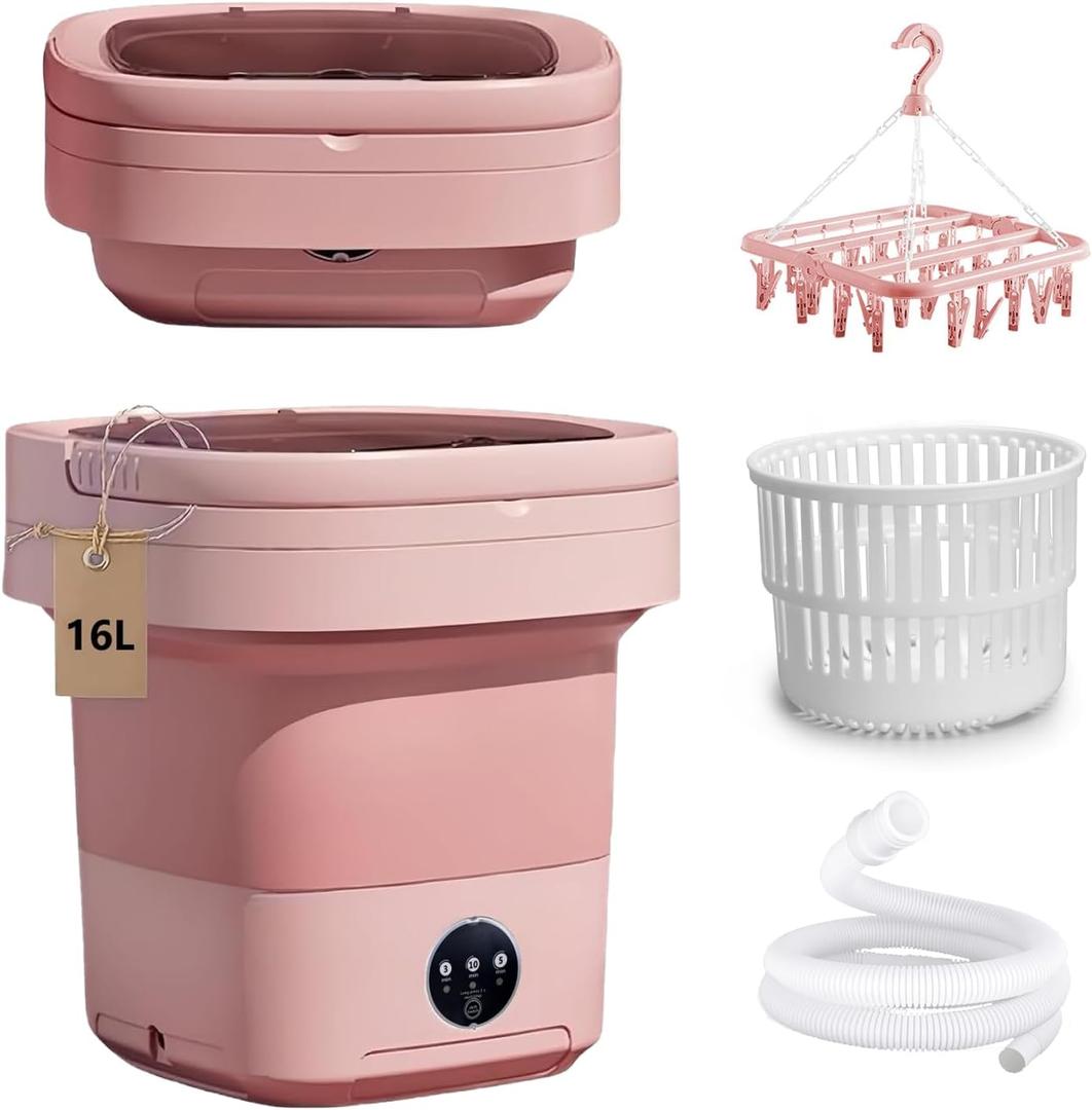 Portable Washing Machine 16L Foldable Mini Washer with Drying Rack,Spin Basket,Top Fill Port,Water Inlet Hose&Drainage Pipe–Compact Collapsible Laundry Set for Small Clothes,Apartments,Dorms,Travel&RV