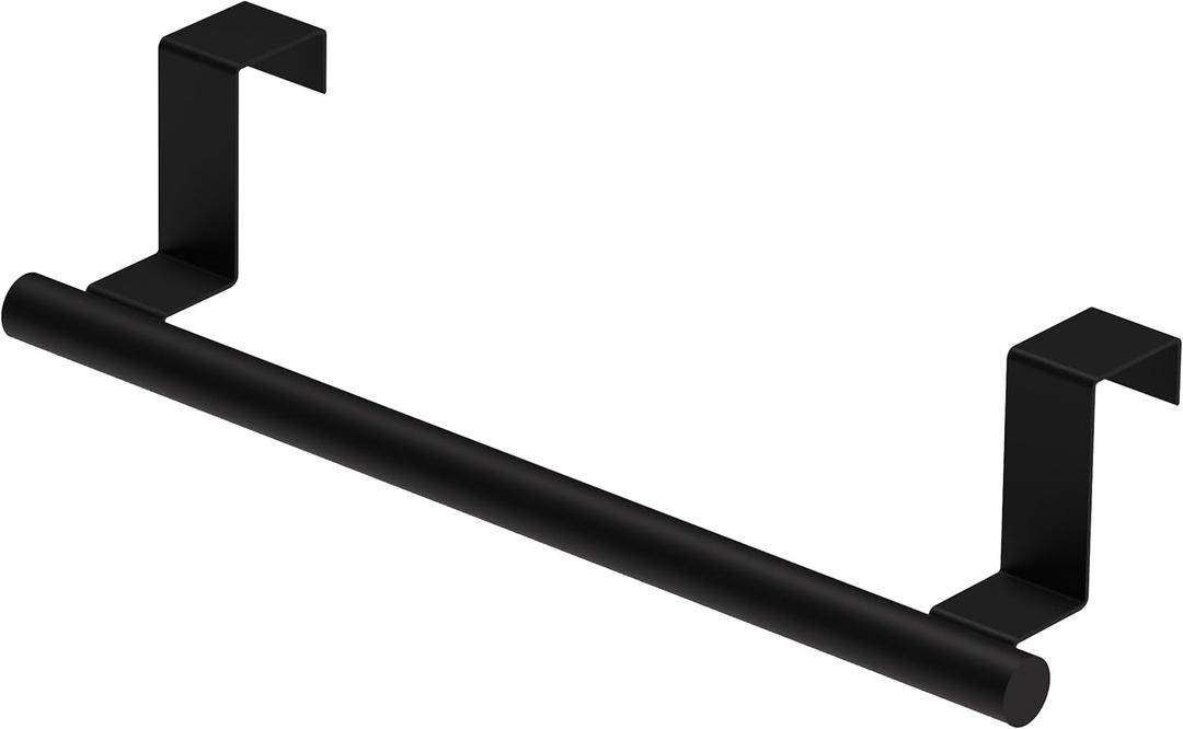 Cabinet Door Towel Bar - Single, Stainless Steel & Matte Black Over Cupboard Door Towel Holder (Black - 1 Pack)