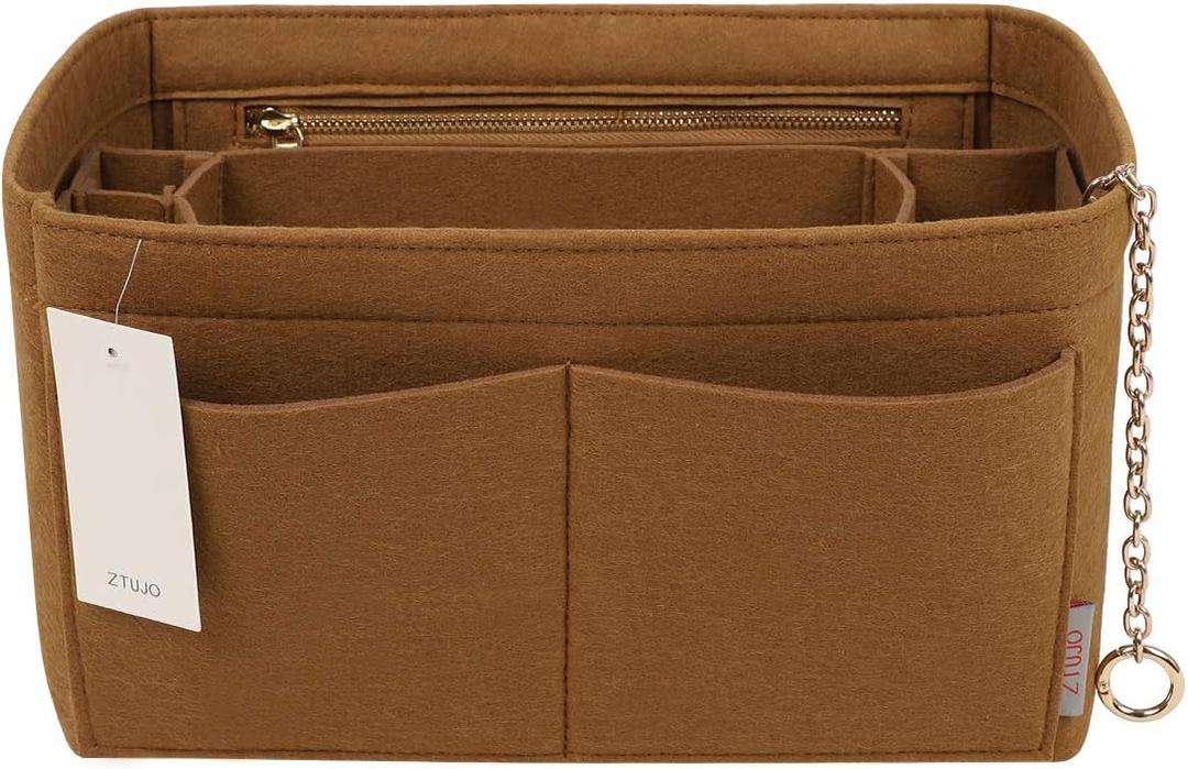 Purse Organizer Insert, Felt Purse Organizer with Zipper and Sewn Bottom Insert, Fit Speedy Neverfull Graceful,6 Sizes (Midsize, Lighting Coffee)