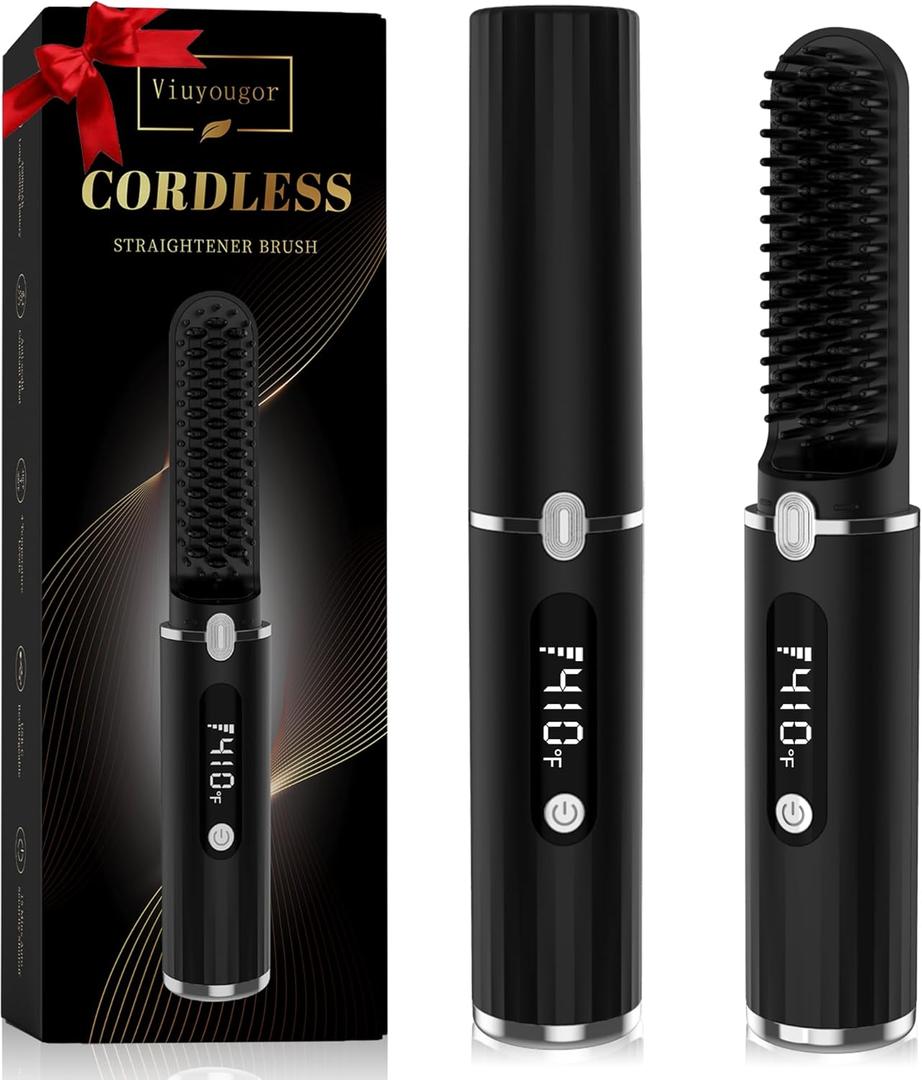 Beard Straightener for Men, Cordless Portable Heated Beard Straightening Comb with LCD, Beard and Hair Straightener Brush Hot Comb, Anti-Scald & Automatic Shut-Off, Portable for Travel