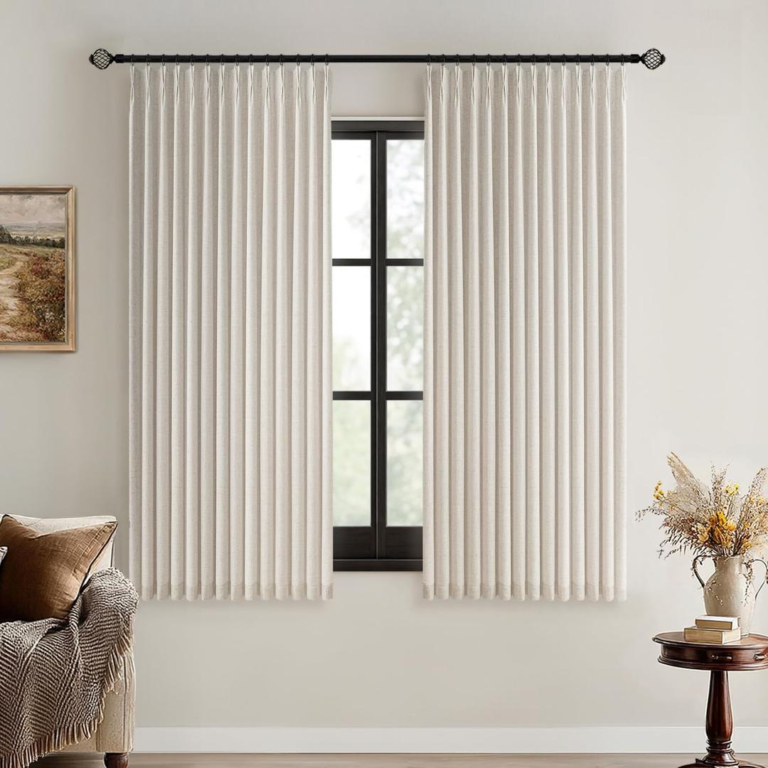MIULEE Beige Pinch Pleated 100% Blackout Linen Curtains for Bedroom, Room Darkening Light Blocking Window Curtains 63 inches Long for Living Room, Black Out Pleat Drapes with Pin Hooks, 2 Panels