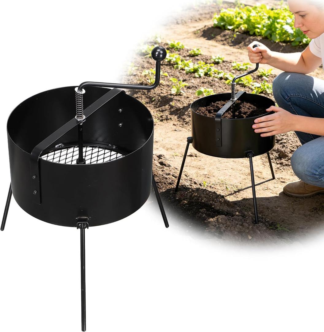 Rotary Soil Sifter for Gardening, Heavy Duty Metal Garden Sifter with Easy Crank Handle, 21 Inch Compost Sieve for Dirt, Rock 0.5/0.6/0.7 Inch Mesh