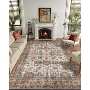 Color&Geometry 5x8 Machine Washable Low Pile Area Rugs for Living Room, Thin Soft Vintage - Floral Area Carpet with Non Slip TPE Backing for Bedroom, Dining Room, Beige and Red