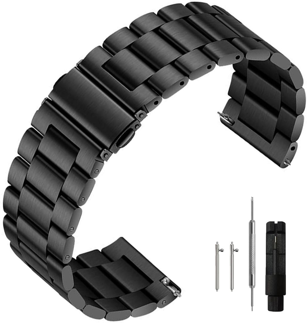 Stainless Steel Watch Band Quick Release Premium Brushed Matte Metal Watch Strap Bracelet  22mm Universal Stainless Steel Smartwatch Replacement Band Strap Men Women (Black)
