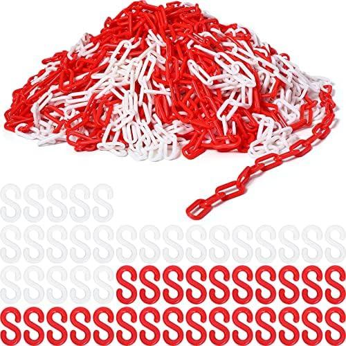 Geelin 200 ft Plastic Chain Link Safety Barrier Chain Weatherproof Lightweight Safety Link for Crowd Control Queue Line Parking Driveway Decoration(Red White)