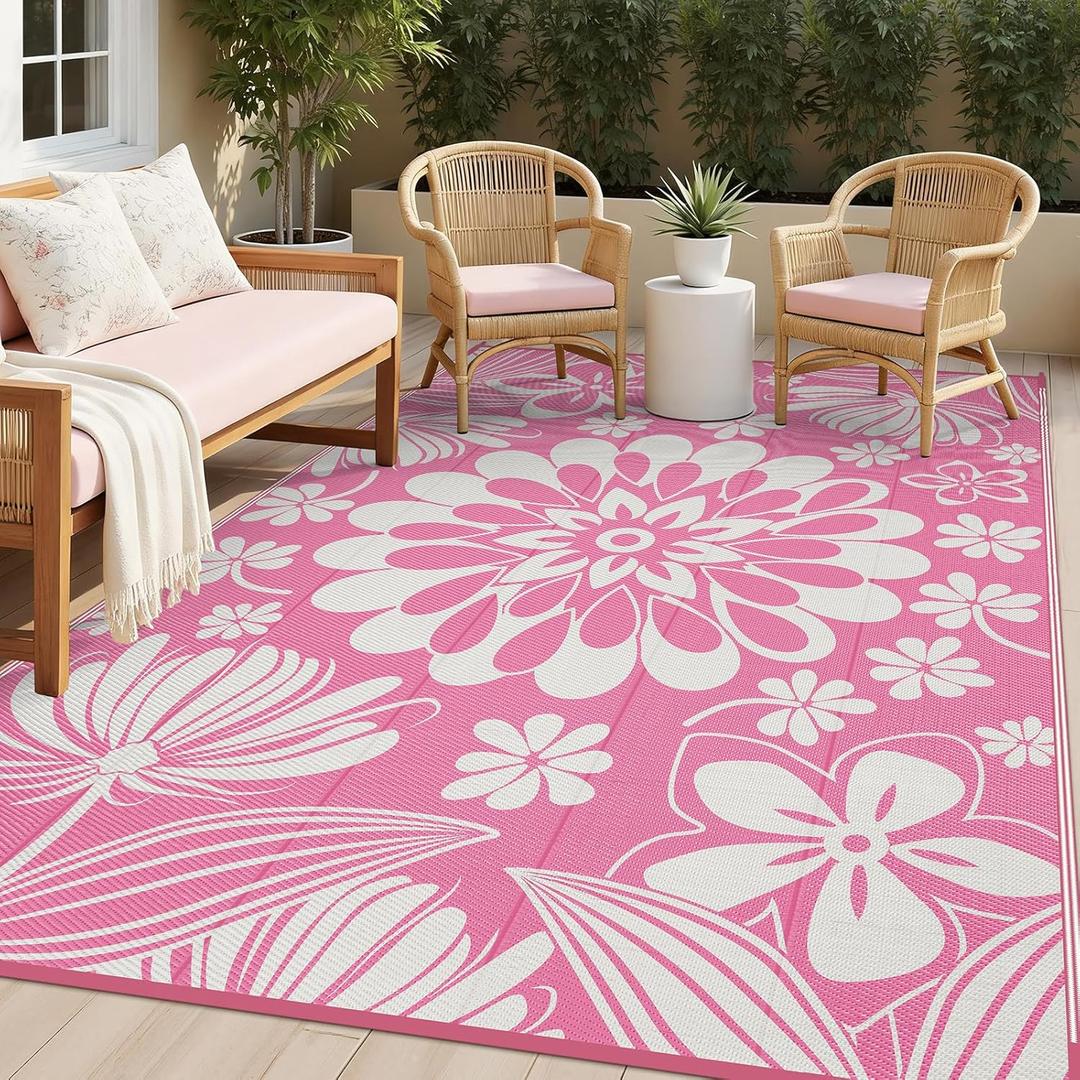Ileading Outdoor Plastic Straw Rug 6x9ft Funny Floral Style Reversible Patio Area Rugs Waterproof Non Shedding Portable Carpets for Rv Outside Deck Pool Beach Picnic Camping (Pink)