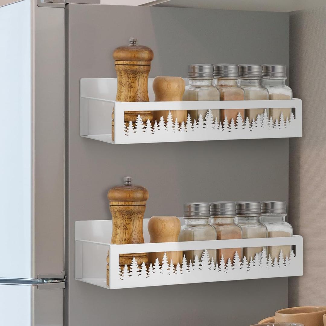 2 Pack Christmas Tree Magnetic Spice Rack for Refrigerator Metal Magnet Basket Shelf for Fridge Seasoning Storage Organizers Home Decor Christmas Kitchen Accessories (White)