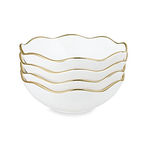 Fanquare 16oz Vintage White Pasta Bowls Set of 4, Porcelain Salad Bowl, 7" Kitchen Serving Bowl With Gold Trim for Cereal