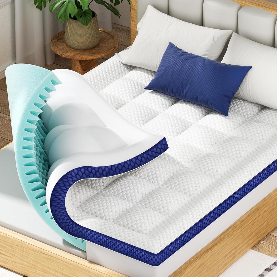 BEDELITE Full Mattress Topper Dual Layer 4 Inch Memory Foam Mattress Topper, 2 Inch Pilow Top Mattress Pad and 2 Inch Premium Gel Foam Mattress, with Stretchable Pockets Up to 6"-24" (White-blue)