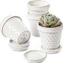 LE TAUCI Ceramic Succulent Pots, 4 Inch Small Plant Pot for Indoor Plant Cactus, Embossed Flower Pots with Drainage Hole & Saucer  Set of 4, Arctic White
