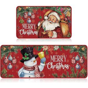 Ceenna 2 Pcs Christmas Kitchen Rugs and Mats Set Winter African Santa Snowman Angel Vintage 17 x 30, 17 x 47 Inch Home Floor Bathroom Door Mat for Holiday Decor