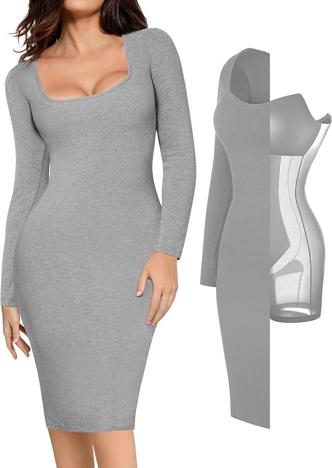 Popilush Dress Long Sleeve Midi Bodycon Dresses for Women Square Neck Shapewear Tummy Control Built-in Bra Party (3X-Large), Gray