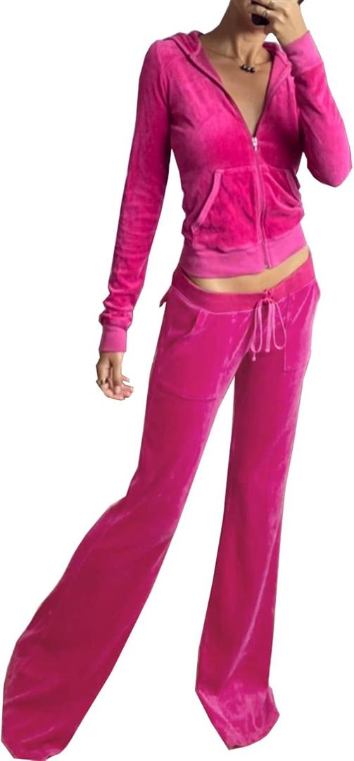 Women's 2 Piece Velour Tracksuit Set Heart Print Long Sleeve Zipper Hoodie Cropped Jacket and Sweatpants Y2K Sweatsuit Set (Large, B-pink)