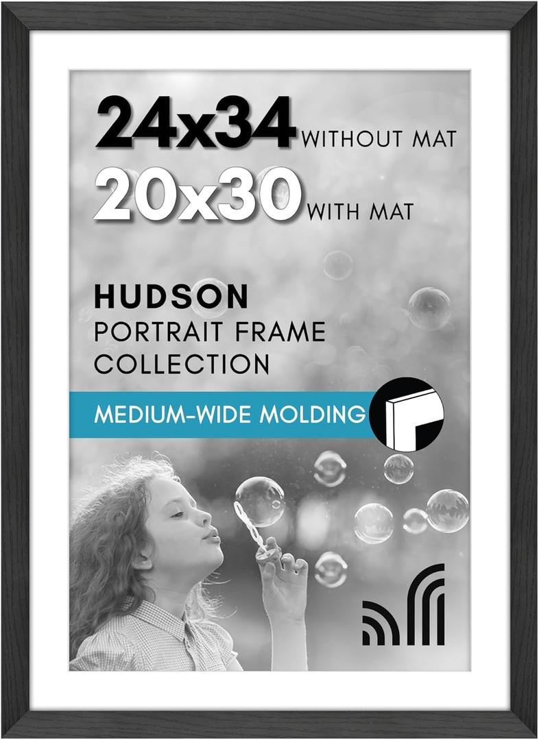Americanflat 24x34 Poster Frame with Polished Plexiglass - Use as 20x30 Frame with Mat or Display 24x34 Photo Without Mat - Hudson Collection - Wide Picture Frames for Wall Display - Black
