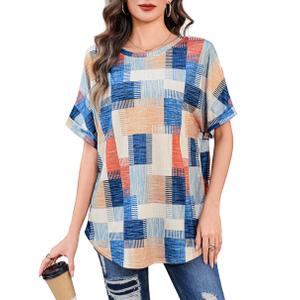 Totatuit Women's Casual Summer Tunic Tops Short Sleeve Crewneck Oversized T Shirts Graphic Print Loose Fit Blouses Covering Butt for Leggings Grid Geometric Pattern Elbow Length Sleeve (L)
