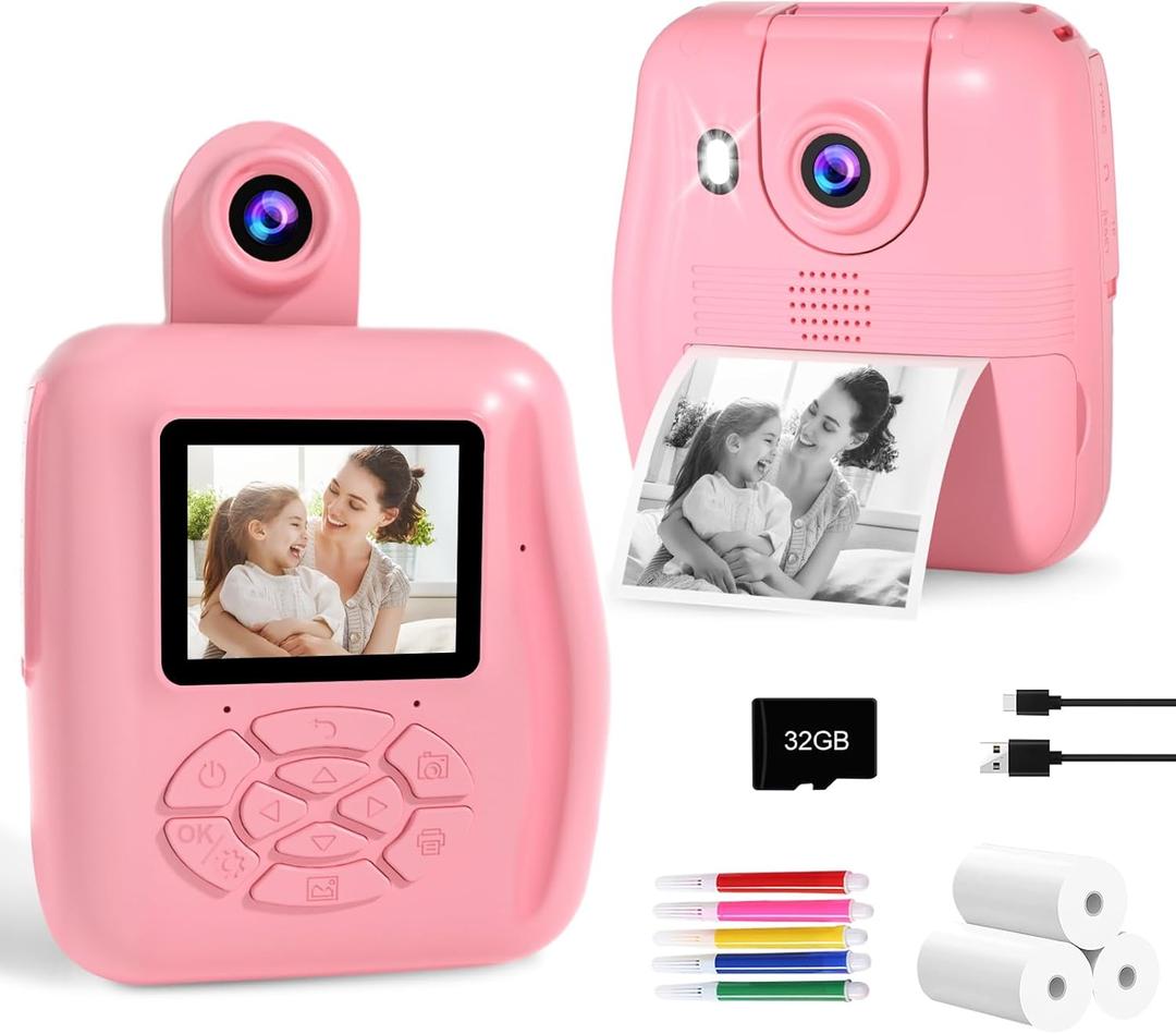 PROGRACE Kids Instant Print Camera - 1080P HD Photos & Videos - Perfect Birthday for Boys & Girls Age 3-12 with 32GB Card (Pink)
