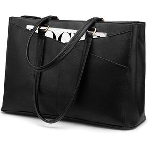 LOVEVOOK Laptop Tote Bag for Women, Leather Office Work Bag Briefcase fit for 15.6 inch Laptop, Large Teacher Computer Bag Handbag,2pcs Set Leather/Black