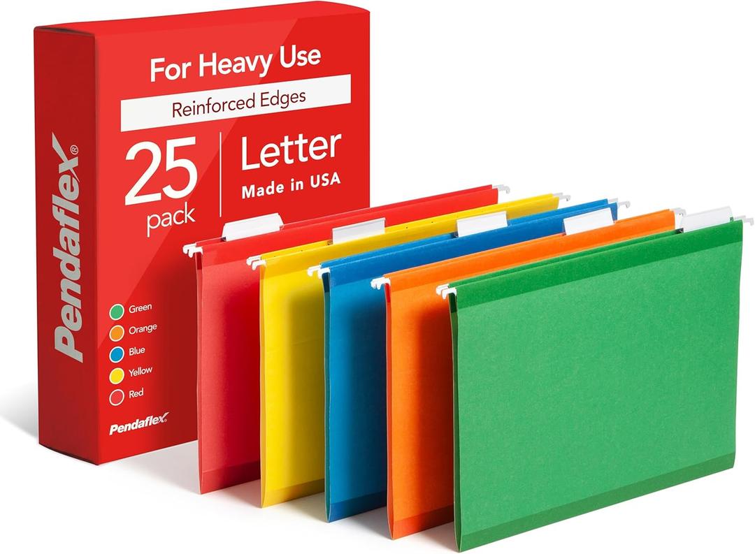 Pendaflex Hanging File Folders, 25 Pack, Letter Size (8.5" x 11"), Assorted Colors: Green, Blue, Red, Yellow, Orange, 5 Tab Positions, Reinforced, Includes Tabs and Inserts, Durable Hanging Files
