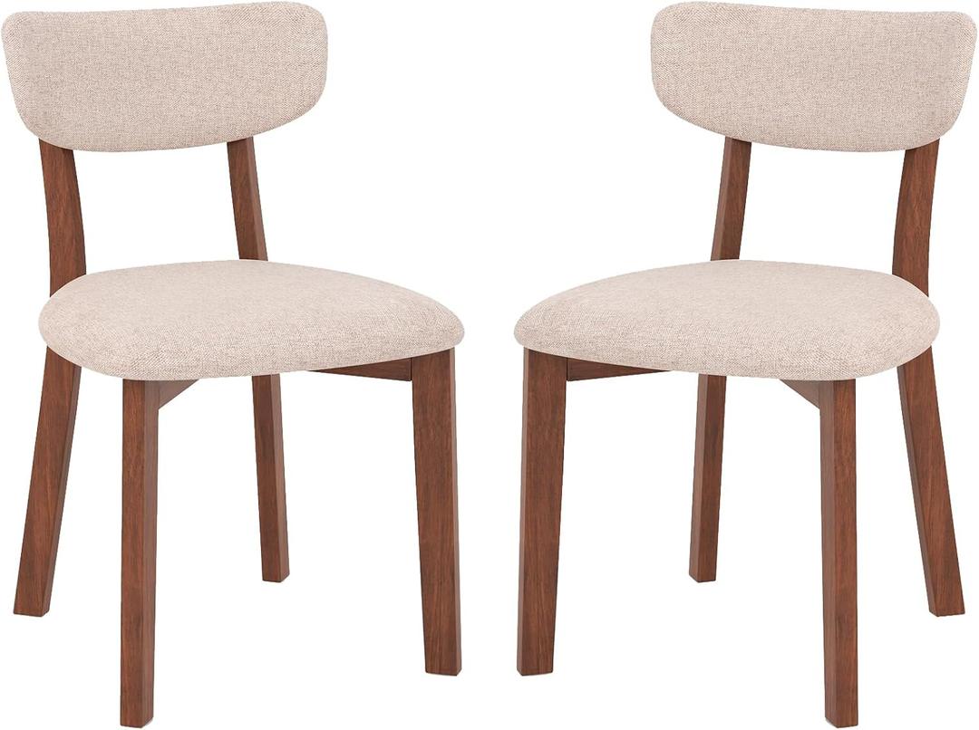 Mid-Century Modern Dining Chairs Set of 2, Upholstered Mid-Back Armless Padded Side Chairs w/Solid Wood Frame, Linen Fabric Curved Backrest Kitchen Living Room Accent Chairs (Beige + Walnut)
