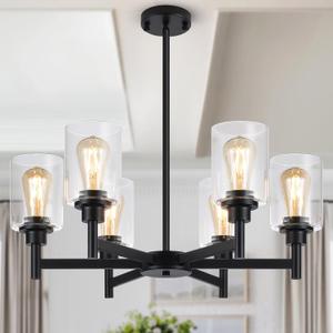 Black Chandeliers, 6 Light Dining Room Light Fixtures Over Table, Farmhouse Chandeliers for Dining Room with Clear Glass Shade for Kitchen Island Living Room Bedroom Bathroom, Height Adjustable (Large)