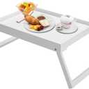 Bamboo Bed Tray Table with Foldable Legs, Breakfast Tray, Laptop Desk for Bed or Sofa,Food,Dinner,Serving,TV Table,Kitchen,Eating,Working (White)